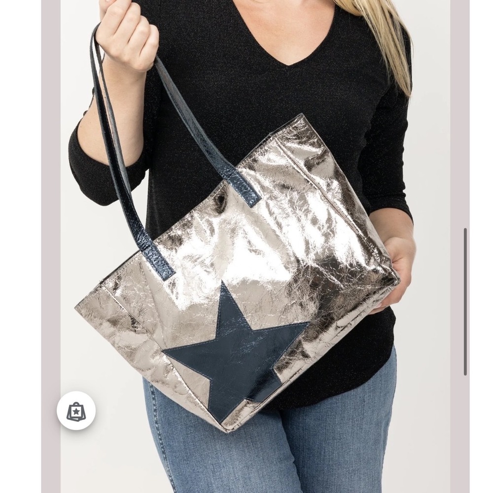 $368 Carla Mancini Italian Metallic Silver Leather cowboys Star Tote Bag Lina